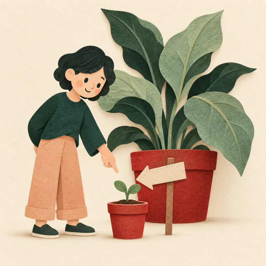 A person looks at a sprout that grew into a large flower