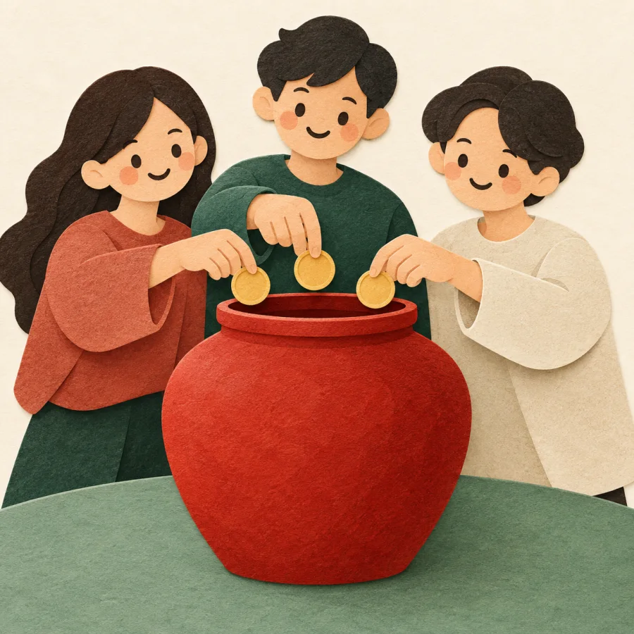 Several people drop coins into a shared money jar