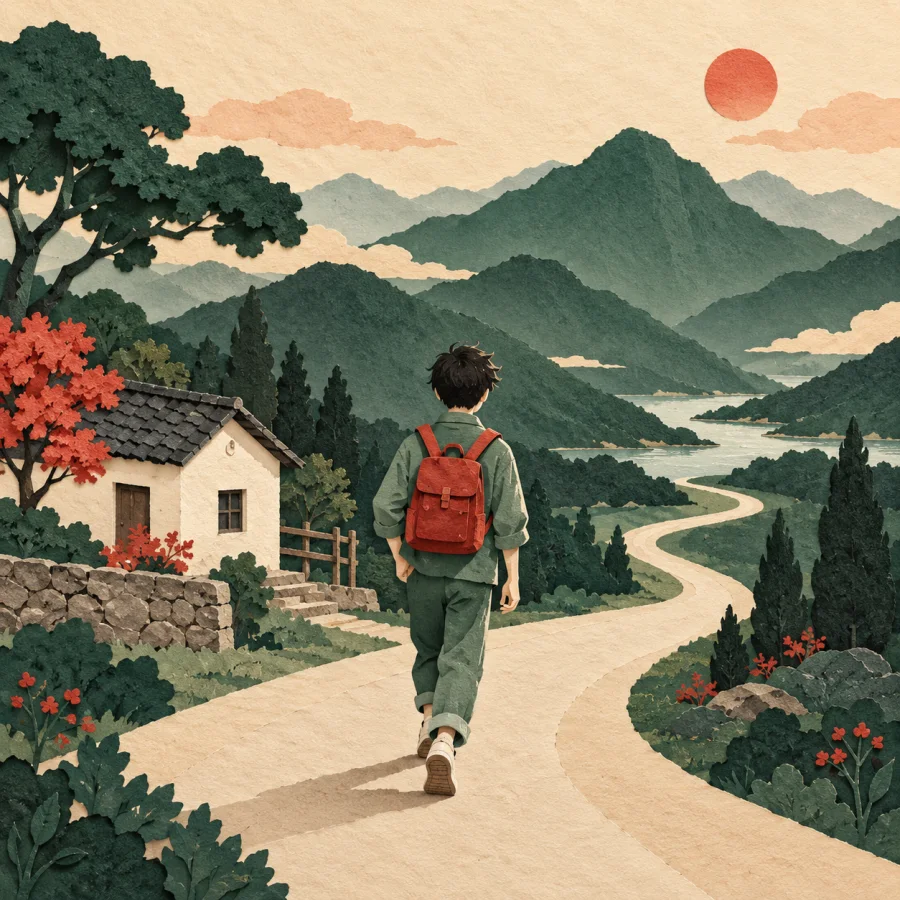 A teenager with a backpack walks away from a house along a road