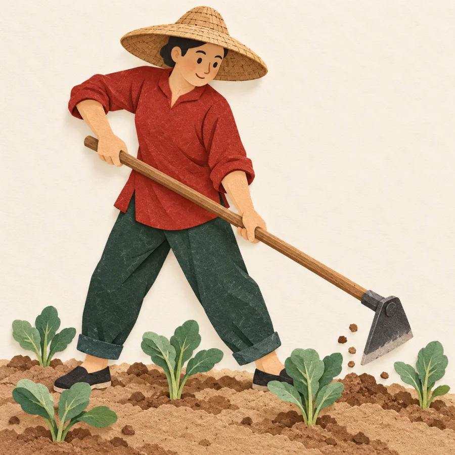 A person holds a hoe over a garden bed