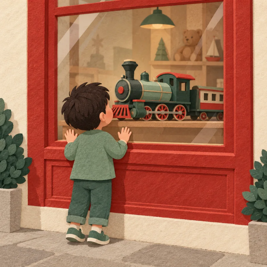 A child looks at toys behind a shop window