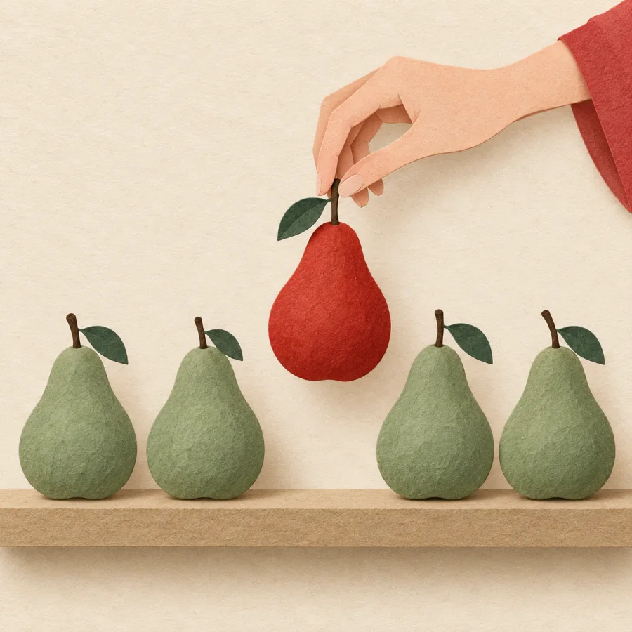 One pear is taken away from a row, the rest stay