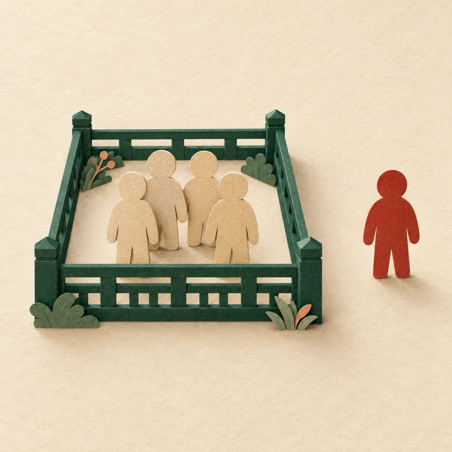 One figure stands apart behind a fence from a group