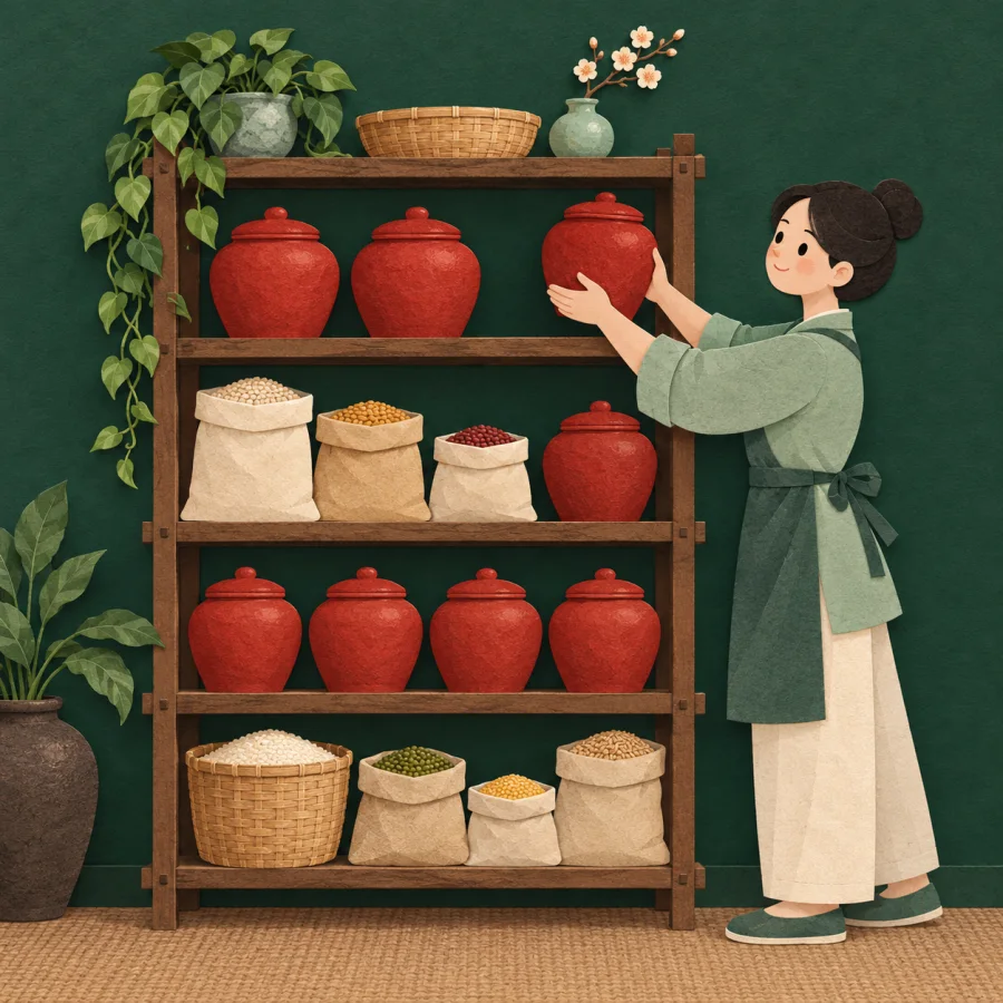 A pantry shelf is filled with jars and sacks