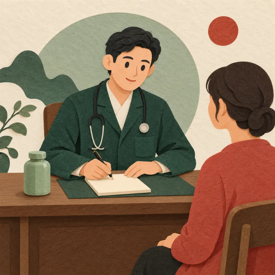 A doctor writes a prescription while a patient waits