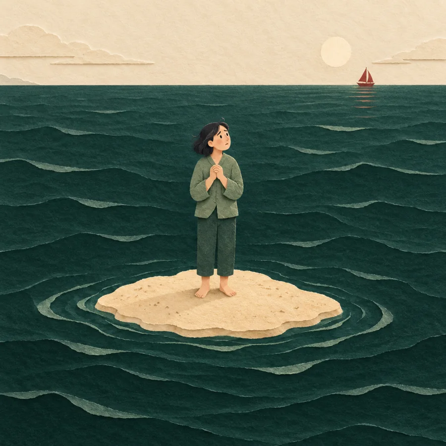 A person stands on a tiny island surrounded by water