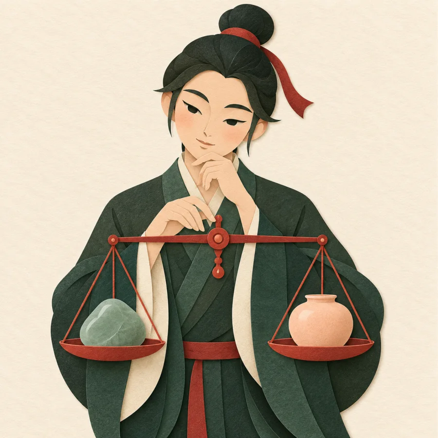 A person calmly weighs two things on a scale