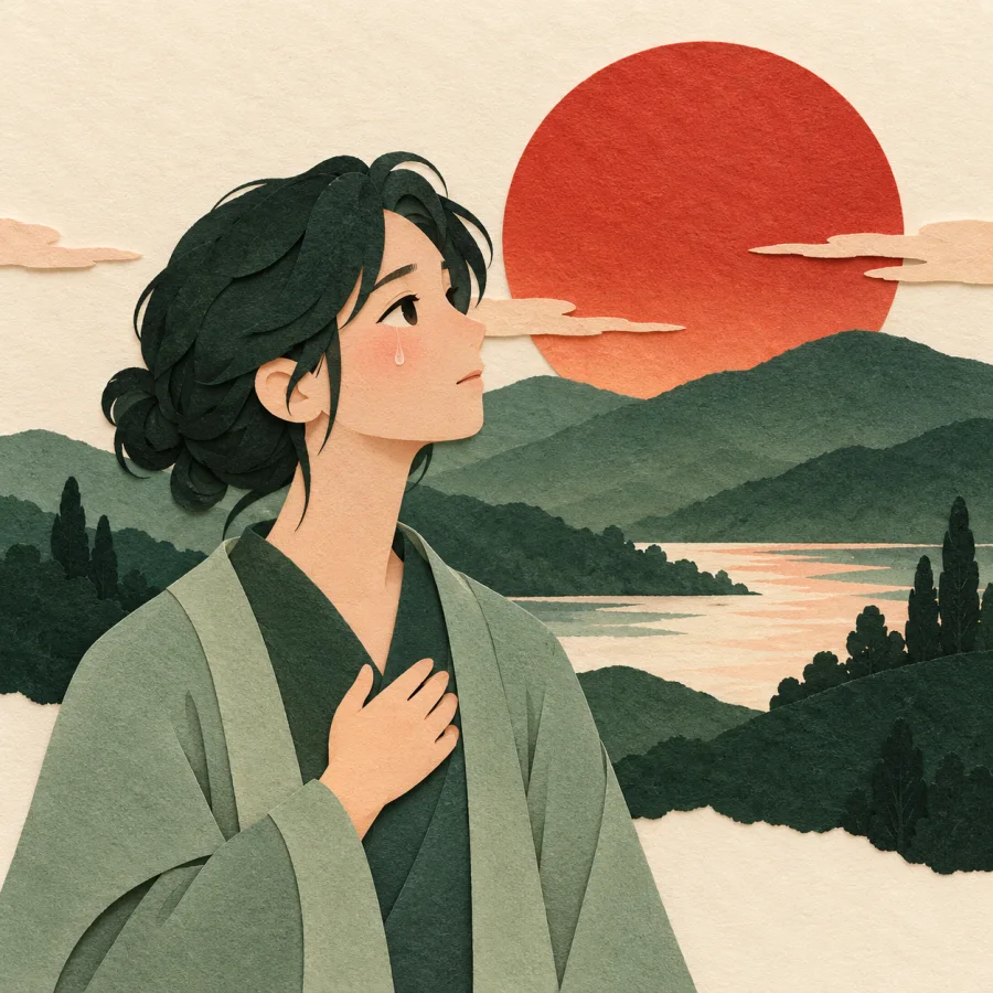 A person presses a hand to their heart while watching a sunset