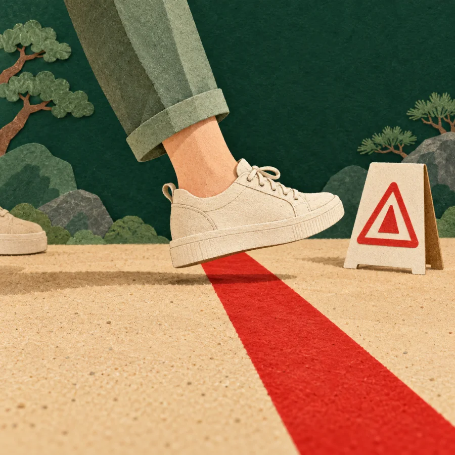 A person steps over a red line on the ground