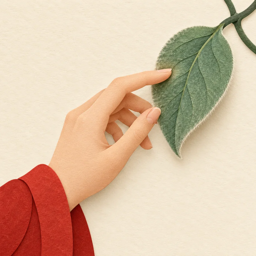 A hand gently touches a soft fuzzy leaf