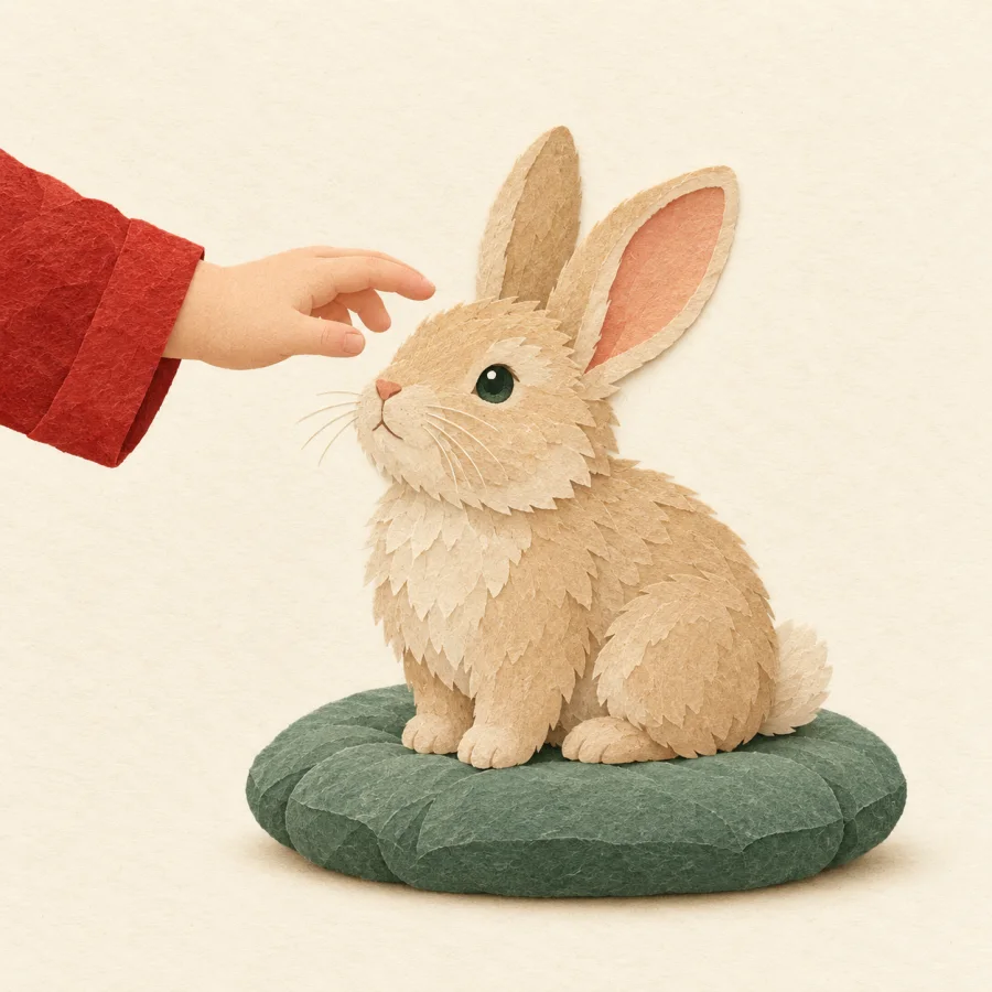 A child carefully reaches a hand toward a rabbit