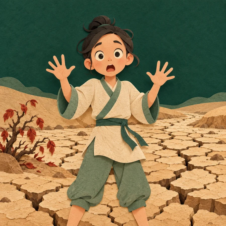 A person looks in shock at a dried-up cracked riverbed