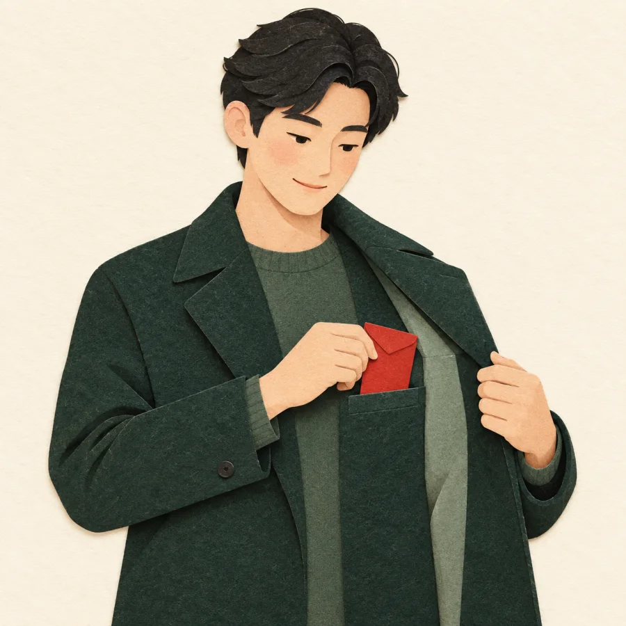 A person tucks a letter into the inner pocket of a coat