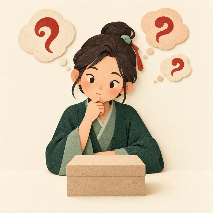 A person looks at a closed box and wonders