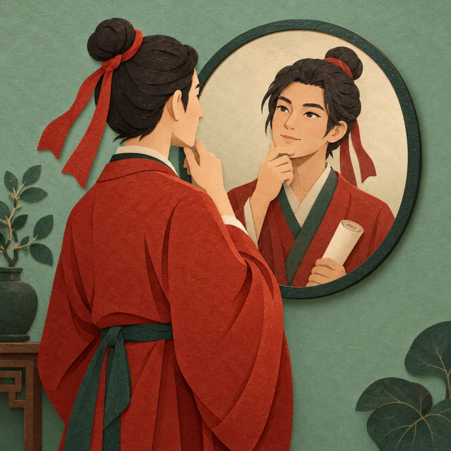 An actor studies his facial expression in front of a mirror