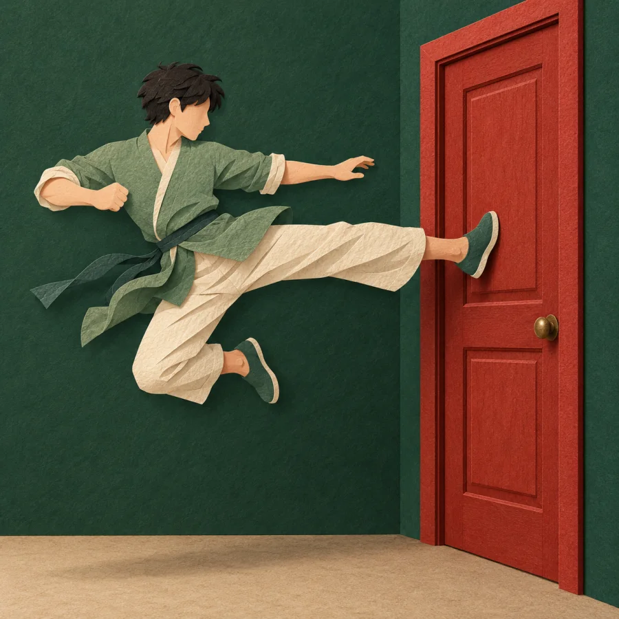 A person kicks a door with a foot