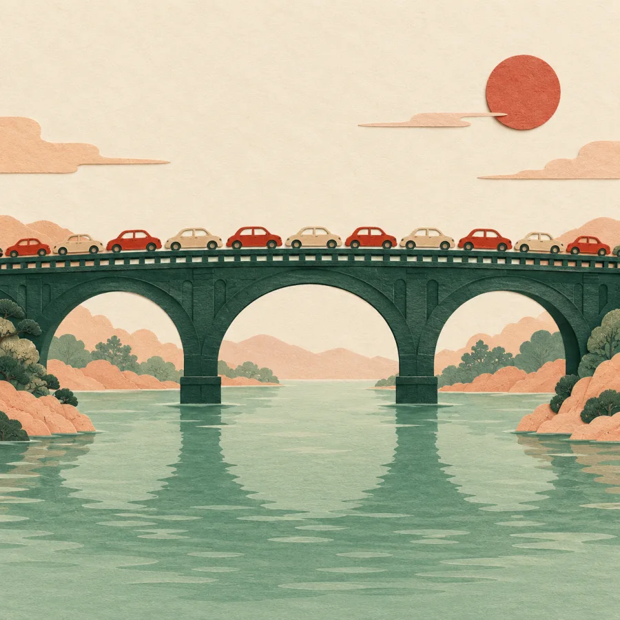 An endless stream of cars on a bridge