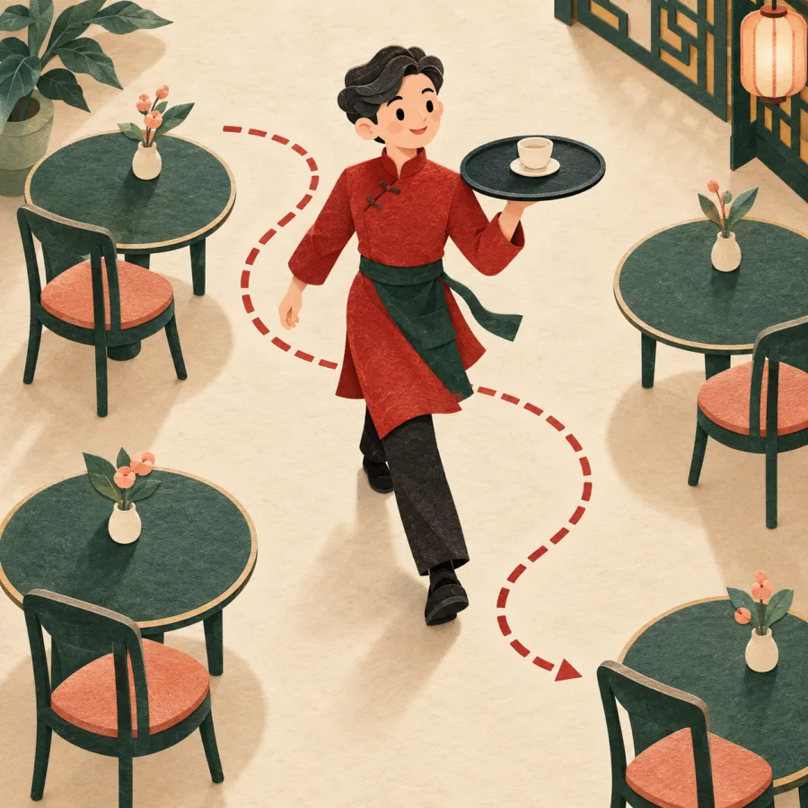 A waiter weaves between tables with a tray