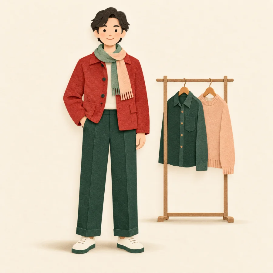 A person in a neat outfit stands upright