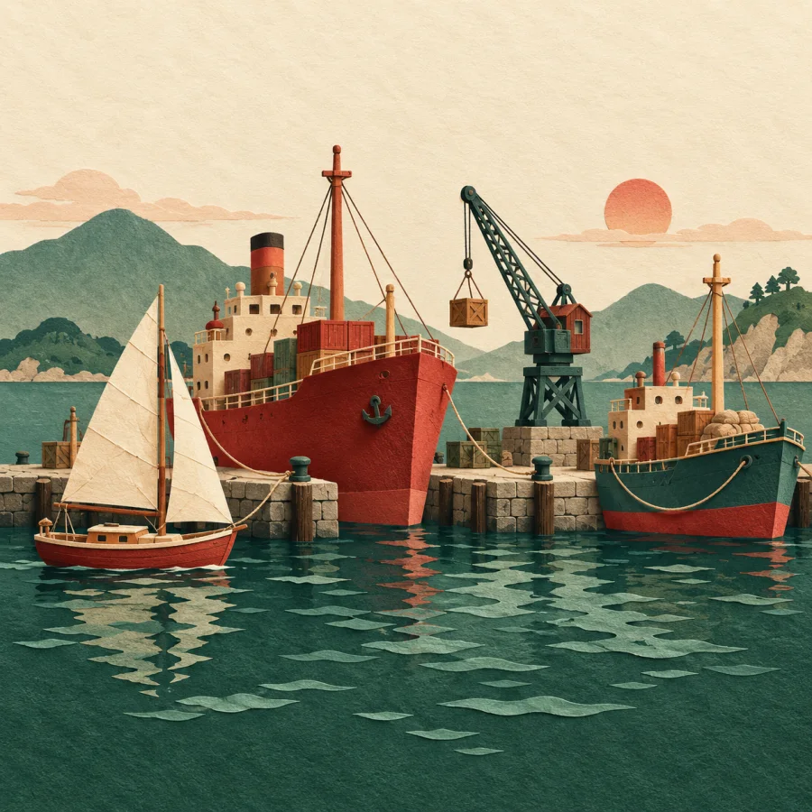 Several ships are moored at a harbour quay