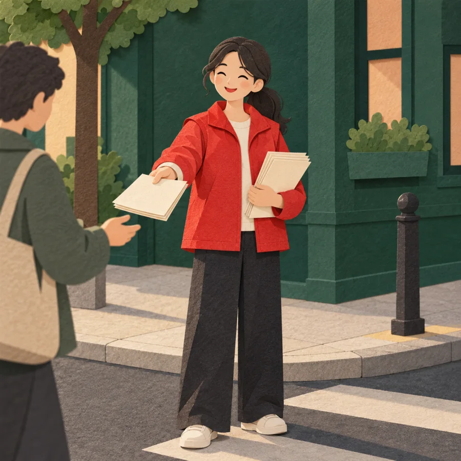 A person hands out leaflets to passers-by on a street