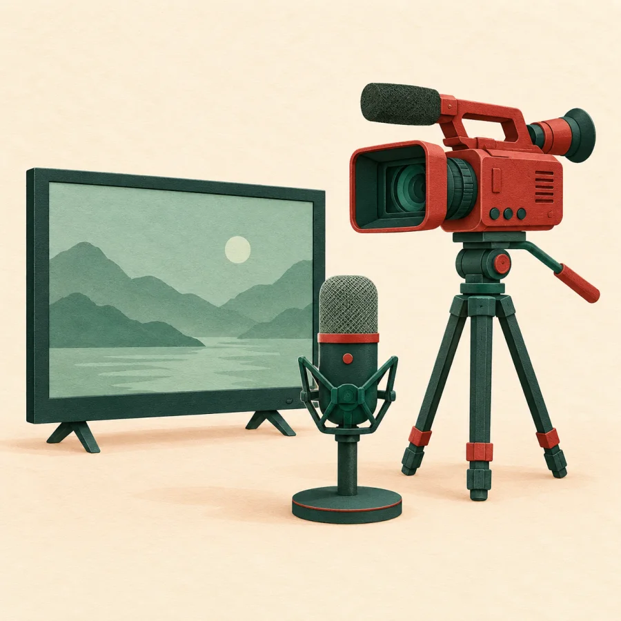 A camera and a microphone stand in front of a television