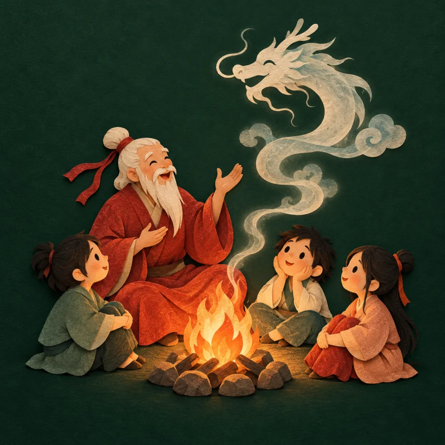 A person tells a story to listeners by a campfire