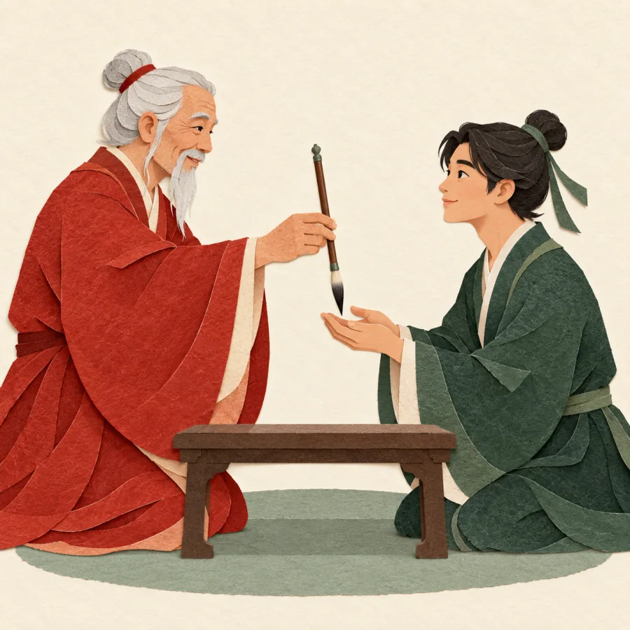 An old master hands a brush to a young apprentice
