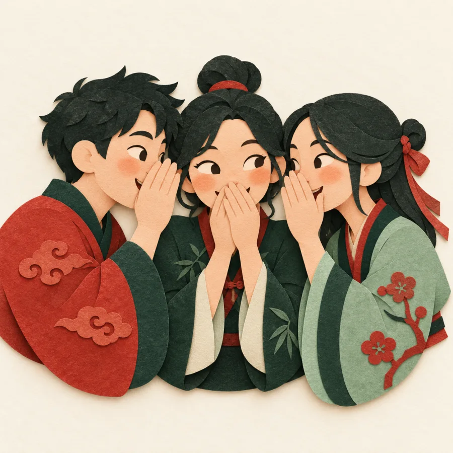 People whisper to each other, leaning close