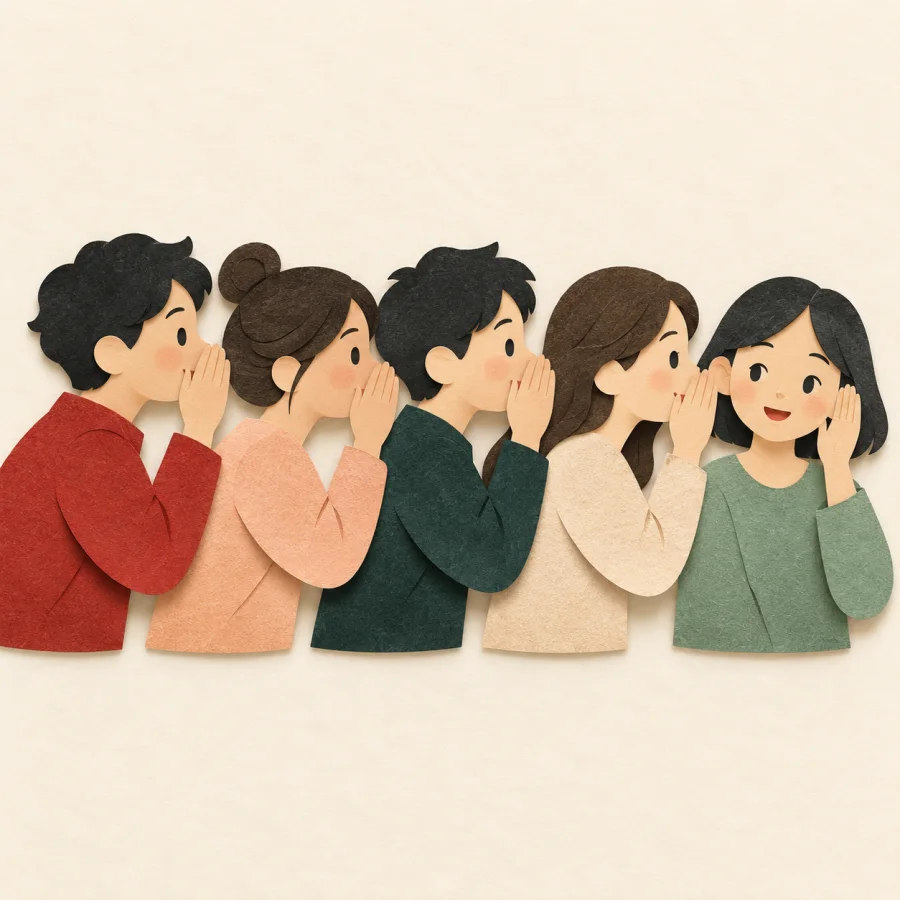One figure speaks and the words pass along a chain of people