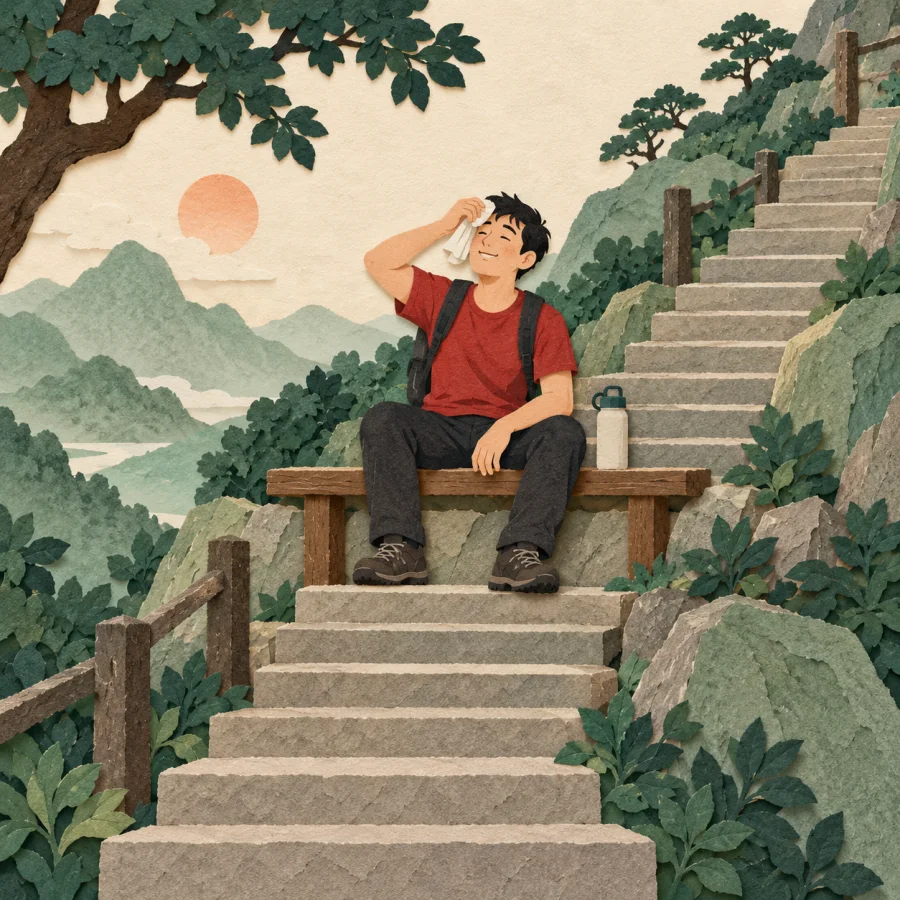 A person sits down on a bench to rest after a climb
