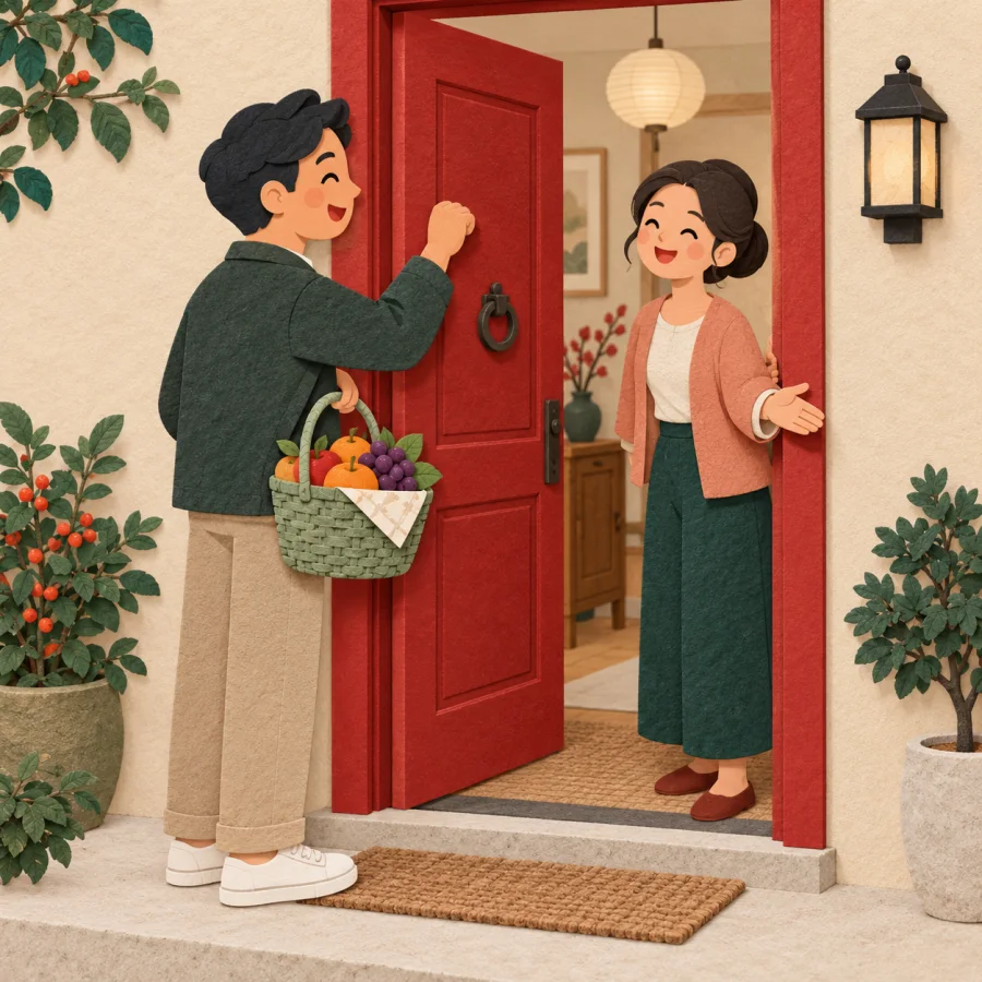 A neighbour knocks at a door with a basket of fruit