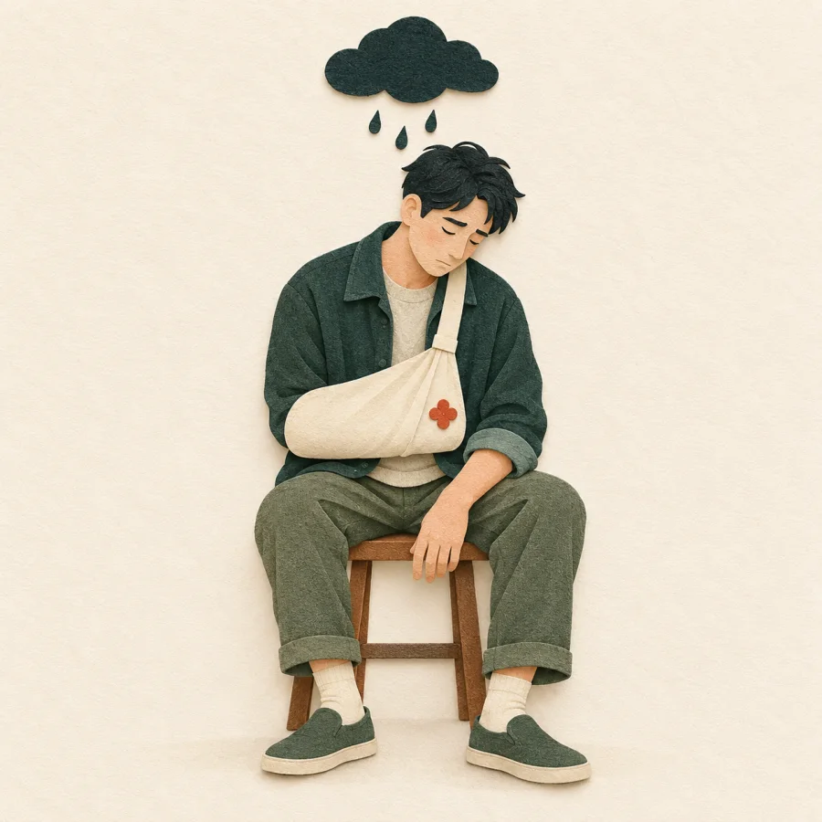 A person with a bandaged arm sits with head bowed