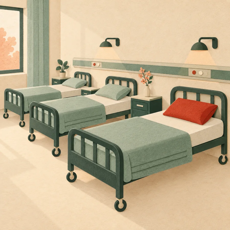 A row of empty beds in a hospital ward