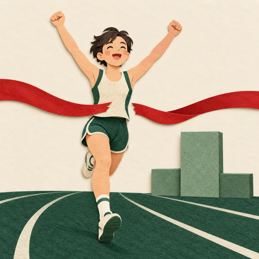 An athlete with raised arms at the finish ribbon