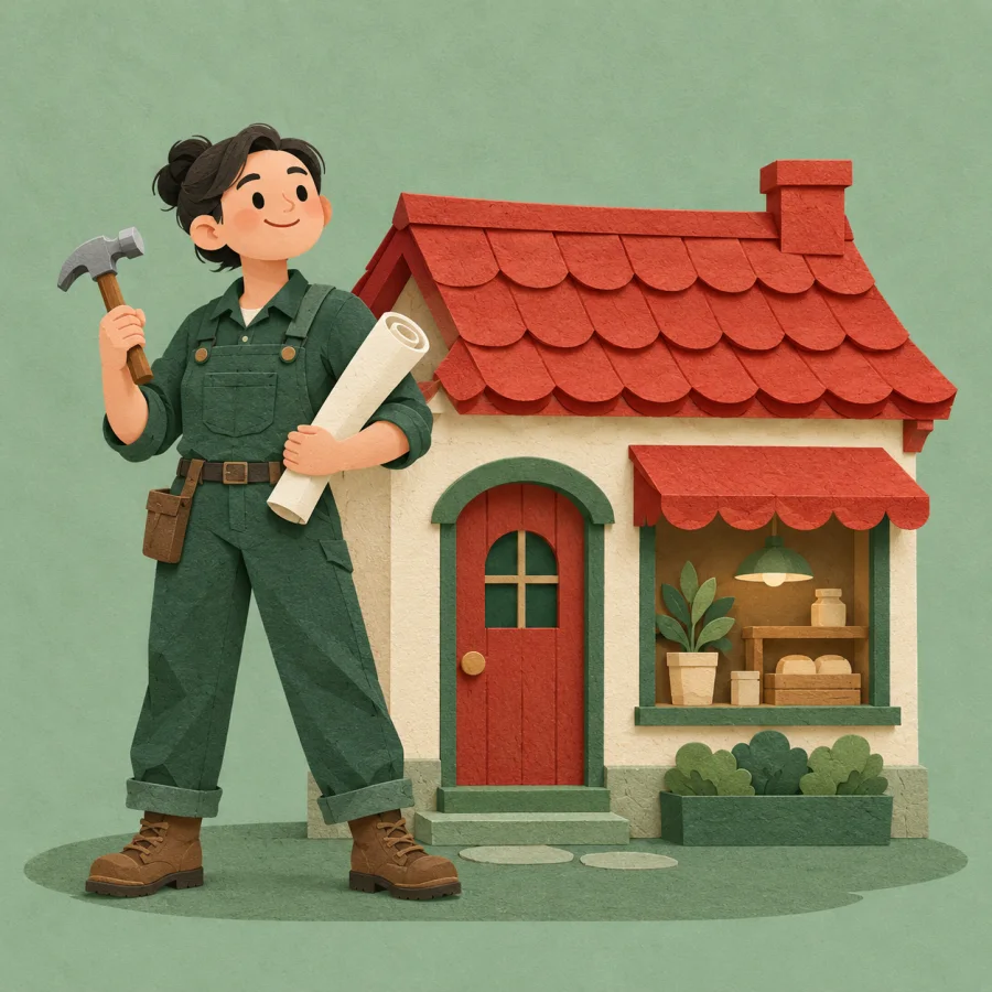 A person stands proudly beside a newly built small building