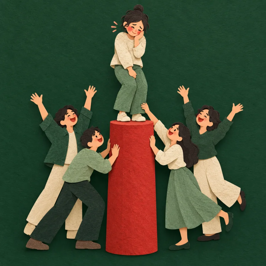 People applaud and lift one person up onto a pedestal