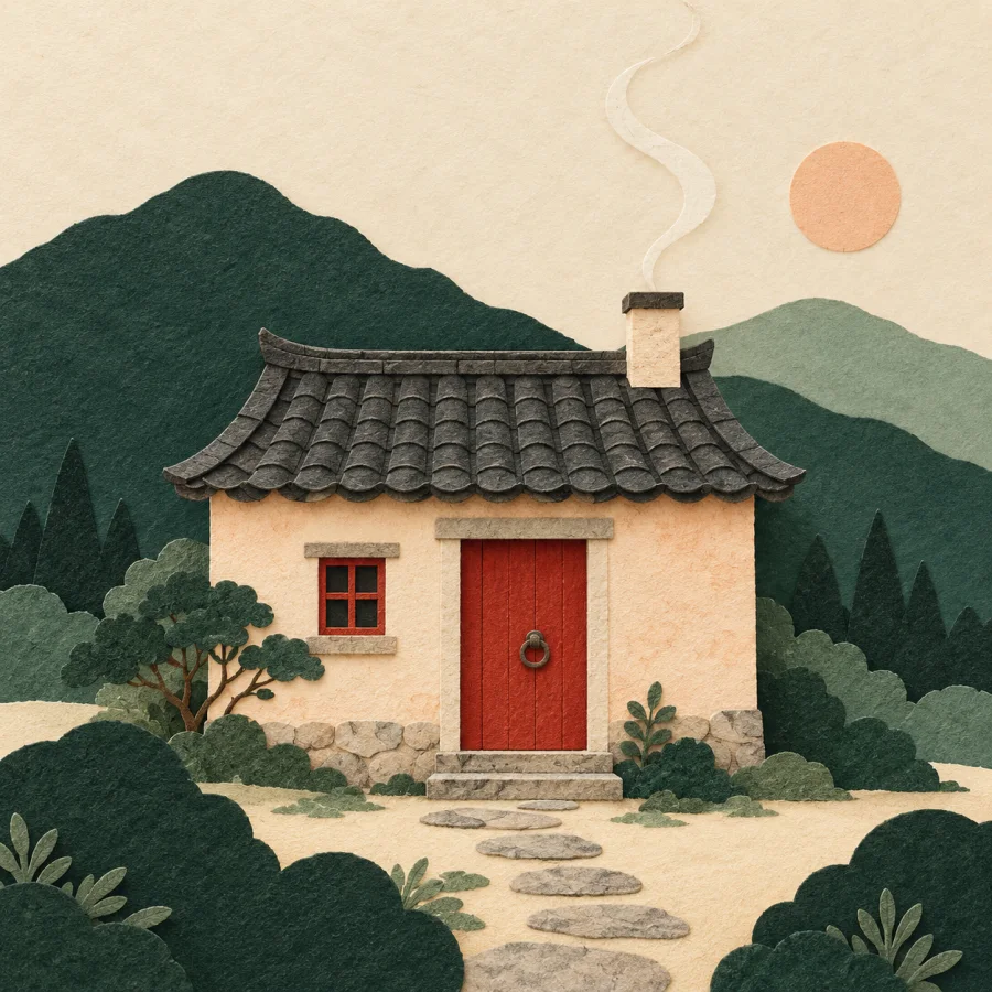 Smoke rises over the roof of a village house