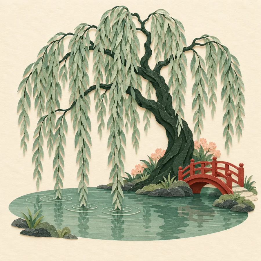 Willow branches hang down over water