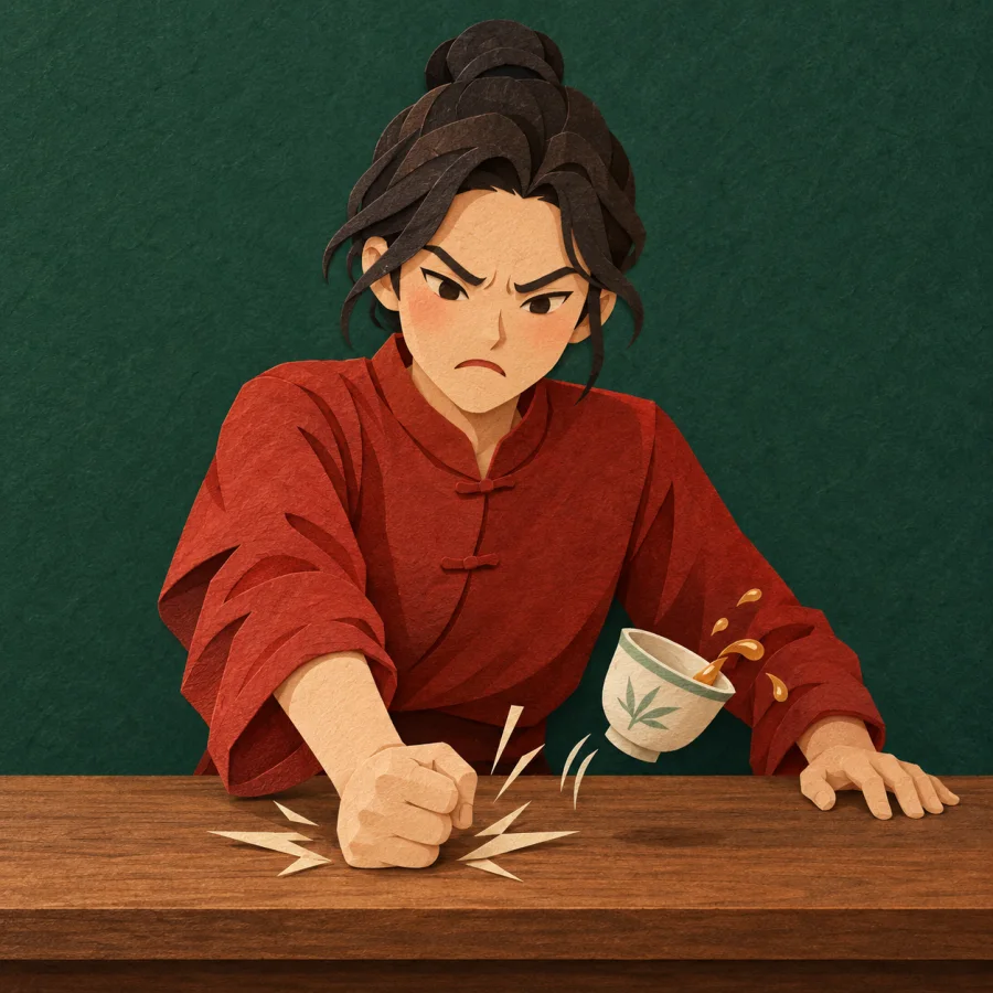 A person thumps a fist on a table