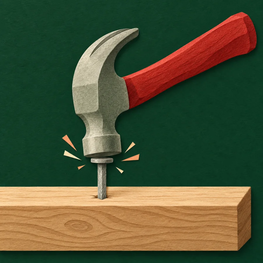 A hammer drives a nail into a plank