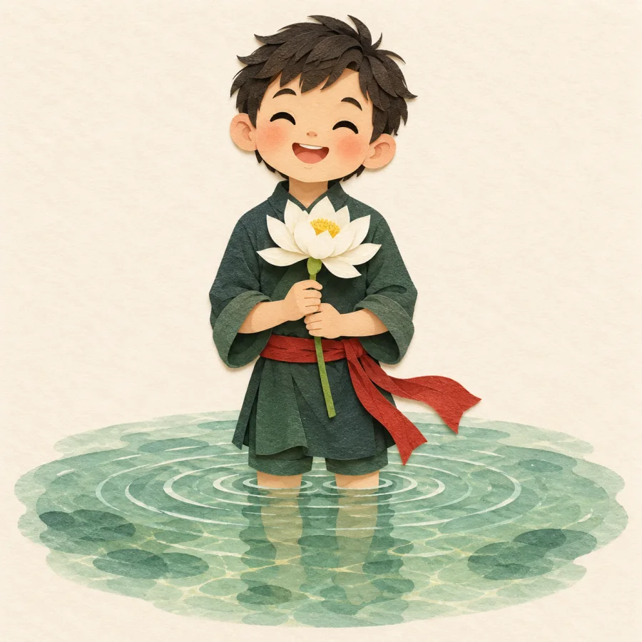 A child holds a white flower and smiles