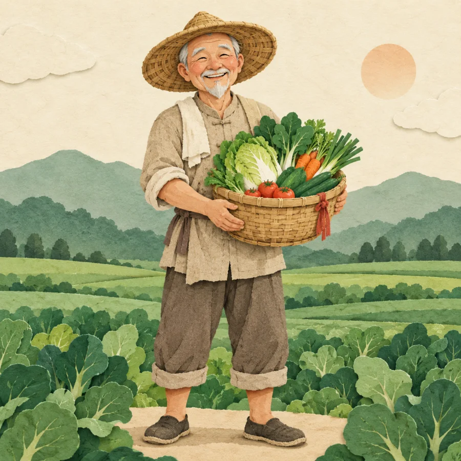 An old farmer in plain clothes smiles beside a field