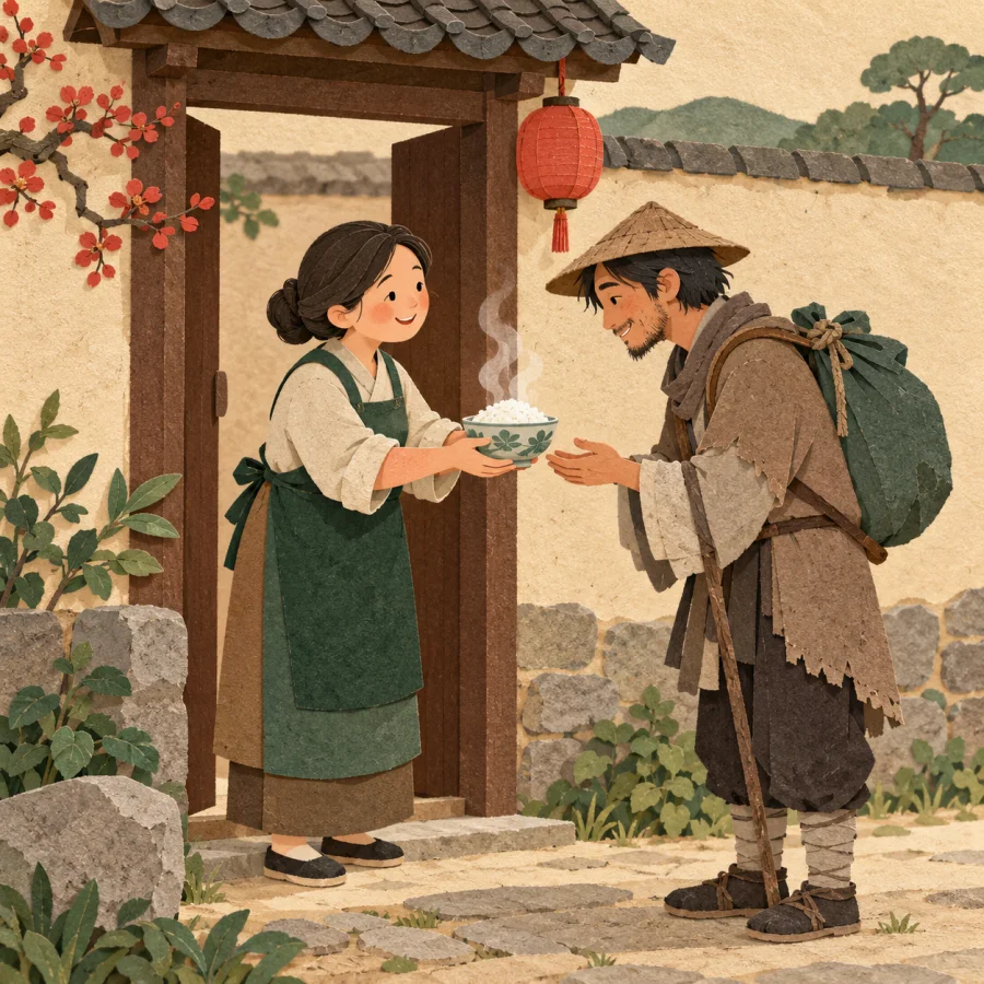 A village woman offers a passer-by a bowl of rice