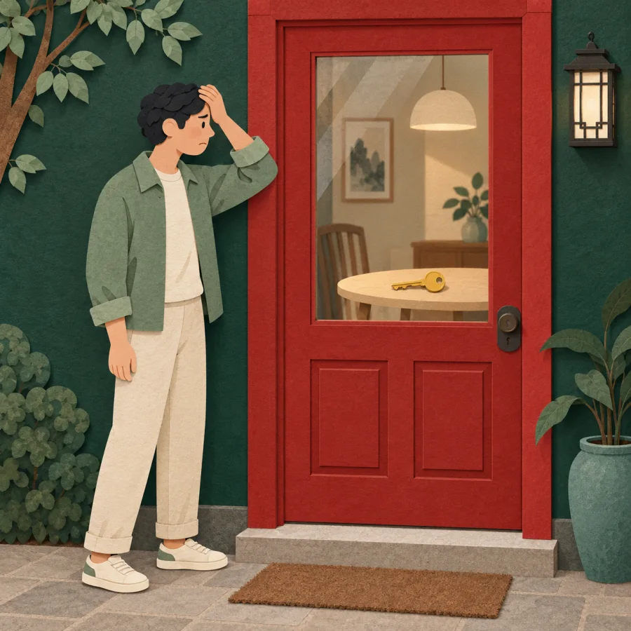 A person locked out, knocking at their own door