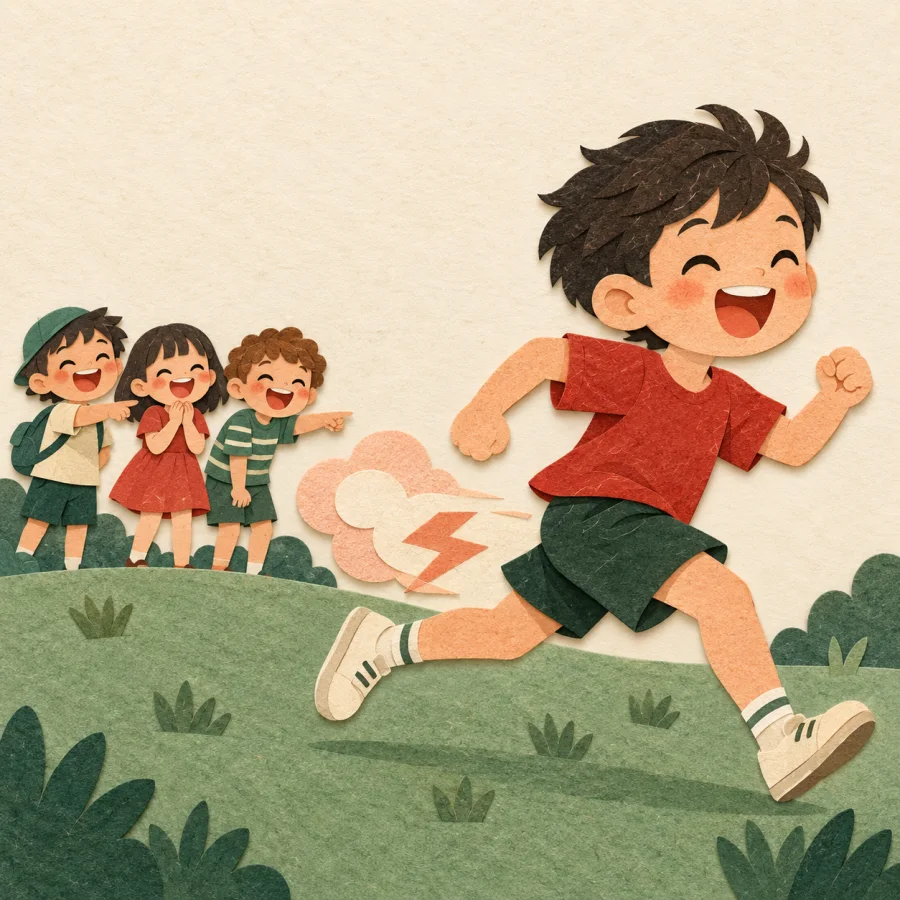 Children laugh and point at a boy running