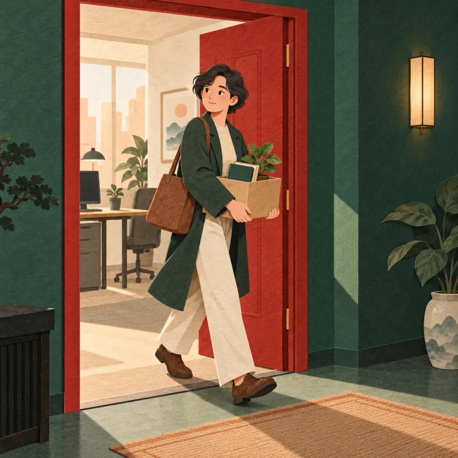 A person leaves an office carrying a box of belongings