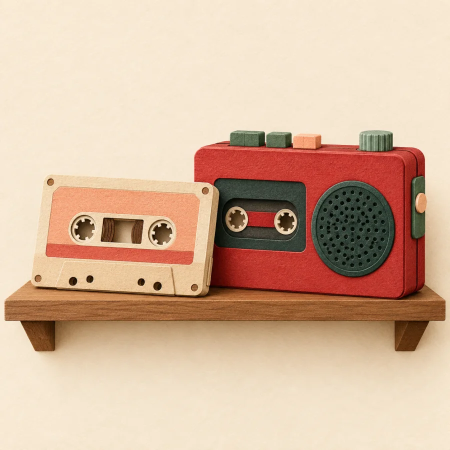 An old cassette tape next to a tape player