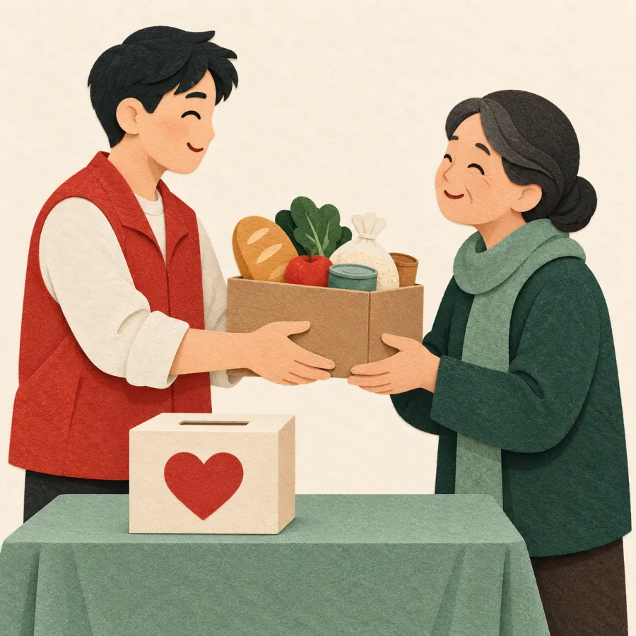 A volunteer hands a box of food to a person