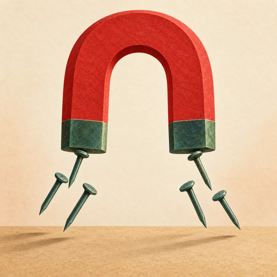A red horseshoe magnet attracts nails